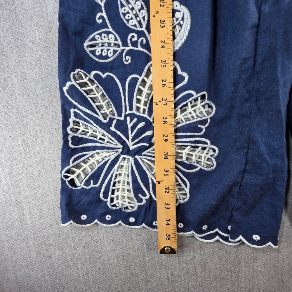 Christian Siriano Pants Womens Medium Blue Linen Blend Embroidered Eyelet Crop - Picture 15 of 16